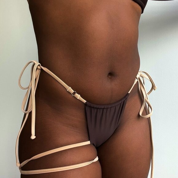Coffee Strappy Bikini with Nude Ties SET - Picture 5 of 9